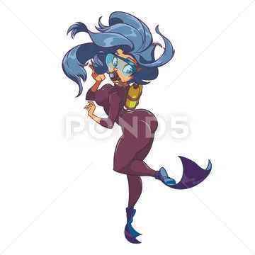 Hot girl with blue hair is wearing diving suit and goggles Stock Illustration