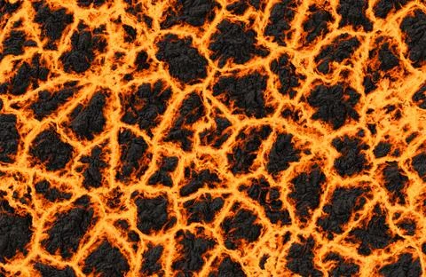 Hot glowing lava flow over black volcanic rock surface for dramatic disaster Illustrazione stock