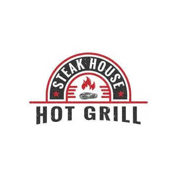 Hot Grill Steak house rustic logo emblem, Vintage Retro barbecue Grill vector Stock Illustration