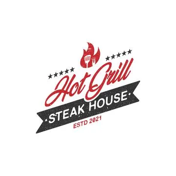 Hot Grill Steak house rustic logo emblem, Vintage Retro barbecue Grill vector Stock Illustration