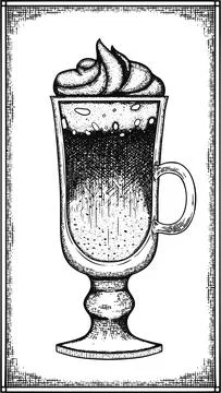 Hot hand drawn irish coffee vector cup in vintage style in frame on white Stock Illustration