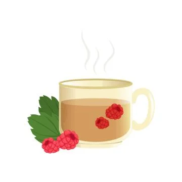 Hot herbal tea in a transparent cup with raspberry, remedy for colds vector 스톡 일러스트