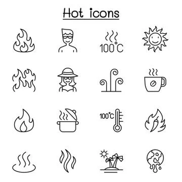 Hot icon set in thin line style Stock Illustration