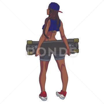 Hot latina girl is posing with a longboard behind her back Stock Illustration