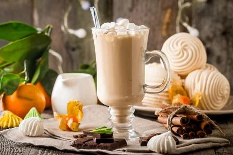 Hot latte with marshmallows Stock Photos