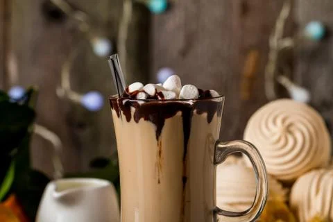 Hot latte with marshmallows Stock Photos