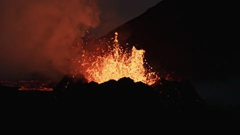 Hot lava thrown out of Volcano in Iceland Aerial Video stock 246746897