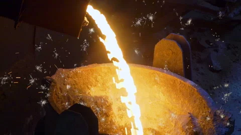 Hot liquid iron cast flowing in a cauldron making sparkles Stock Footage 249620795