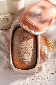 Hot loaf of bread baked in a baking mold. Stock Photos