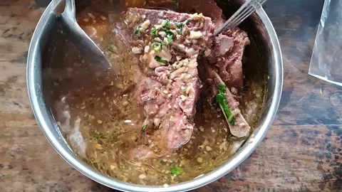 Hot meat soup. Warm beef pot.  Rich stew pot Stock Footage 332400463