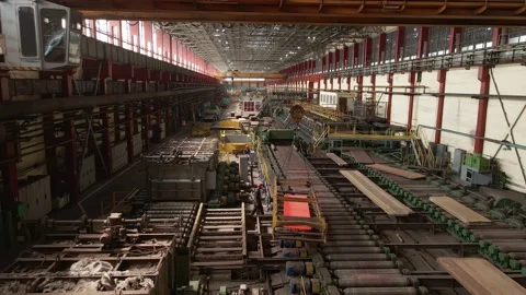 Hot metal sheet move in the press, metallurgical plant Video stock 223667324