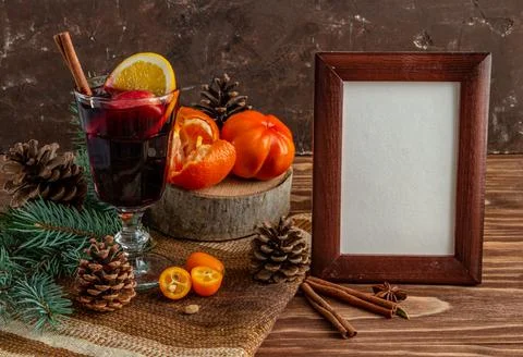 Hot mulled wine, empty frame, atmosphere of Christmas Stock Photos