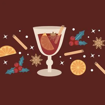 Hot mulled wine in a glass. Elements and spices for a drink on a burgundy Stock Illustration