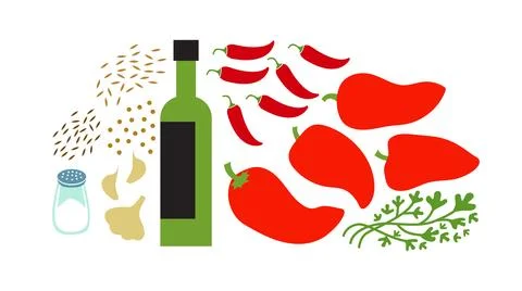 Hot pepper sauce or paste Harissa fresh raw ingredients set. Flat vector Stock Illustration