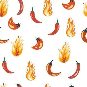 Hot pepper seamless pattern. Hot chili pepper and flames background. Vegetabl Stock Illustration