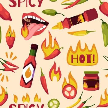 Hot pepper seamless pattern. Repeated chilli elements, mexican spicy sauce Stock-Illustration