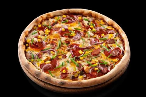 Hot Pizza with Pepperoni, chicken meat, onion and mazzarella Stock Photos
