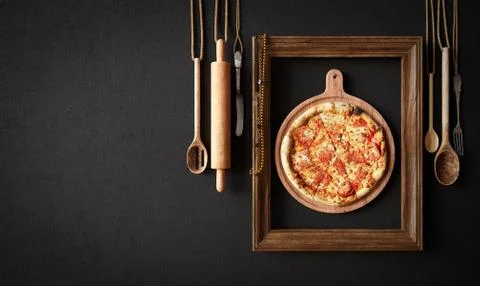 Hot pizza slice with kitchen tools and frame concept close up photo Stock Illustration