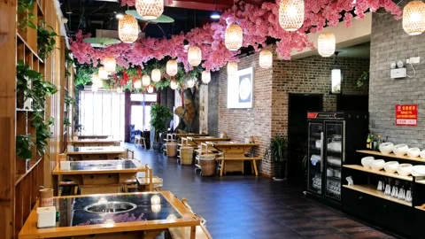 Hot pot restaurant, restaurant interior design decoration Stock Footage 155961323