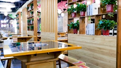 Hot pot restaurant, restaurant interior design decoration Stock Footage 155961353