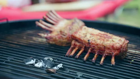 Hot rack of crispy crust lamb ribs grilling on bbq grid on charcoal flames Stock Footage 159769388