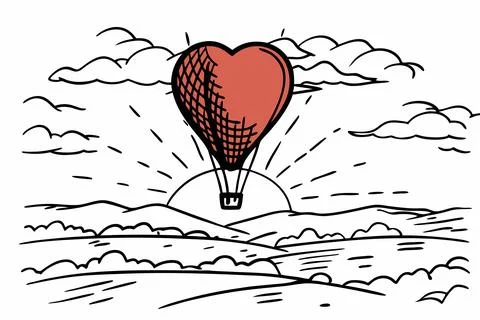 Hot red air balloon heart shape flying into the sunset over valley landing or Ilustração Stock