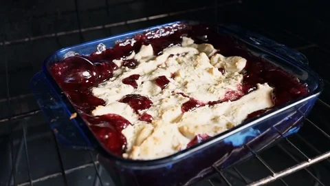 Hot Red Cherry Cobbler In Glass Baking P 