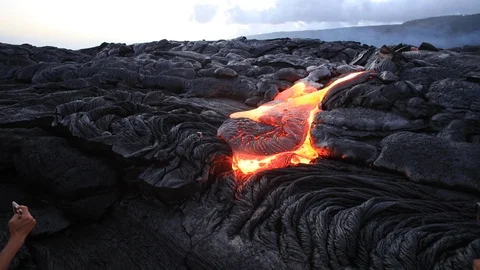 Hot Red Lava Flow Stock Footage 91055479