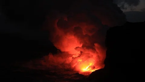 Hot Red Lava Flow into the ocean Video stock 91055752
