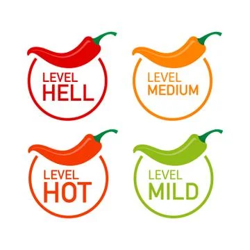 Hot red pepper strength scale indicator with mild, medium, hot and hell posit Stock Illustration