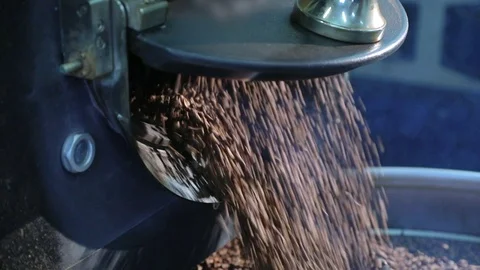 Hot roasted coffee beans are poured from drum of roasting machine. Coffee steam. Vidéo 72707938