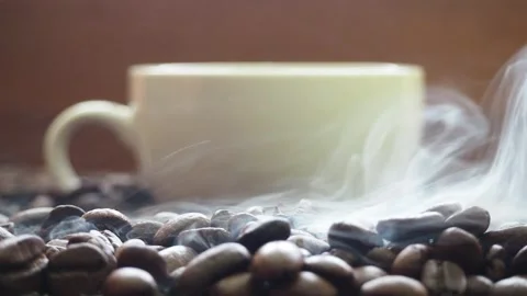 Hot roasted coffee beans have a smoky background in a coffee mug. Stock-Footage 182471795