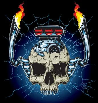 Hot Rod Skull with Engine Blower and Flaming Exhaust Pipes Stock Illustration
