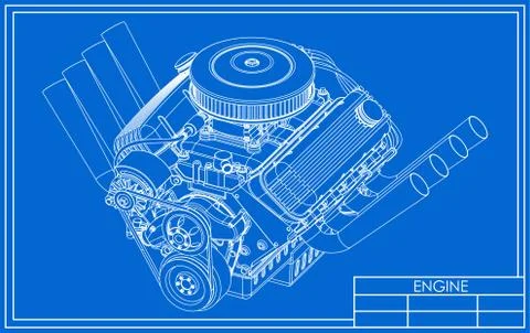 Hot rod V8 Engine drawing Stock Illustration