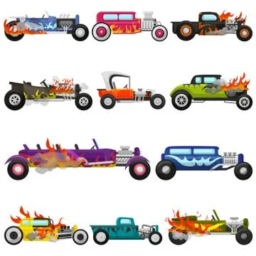 Hot rods car vector muscle racing speedcar on a track and retro race auto Stock Illustration