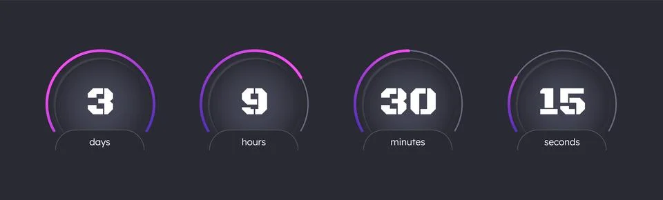 Hot sales purple gradient countdown timer set on dark background 库存插图
