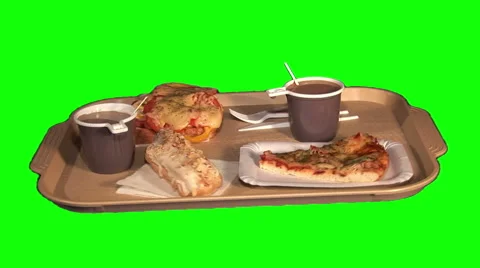 Hot sandwich, 2 white coffees, pizza, eclair on tray Stock Footage 47841928