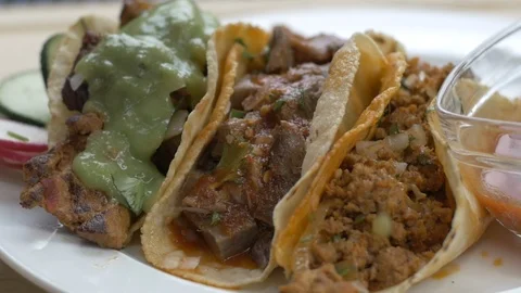 Hot Sauce and Salsa on Fresh Tacos Stock Footage 113662011