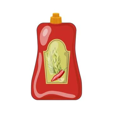 Hot sauce in bottle in flat design. Red condiment with pepper, garlic, herbs. Stock Illustration