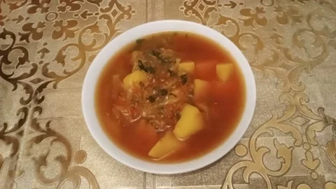 Hot soup on the table in a bowl Stock Footage 227295670