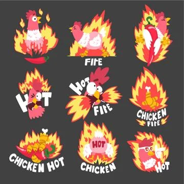 Hot spicy fire chicken set, creative logo design templates vector Illustration Stock Illustration