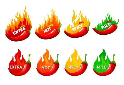 Hot spicy level labels, vector icons chili pepper Stock Illustration
