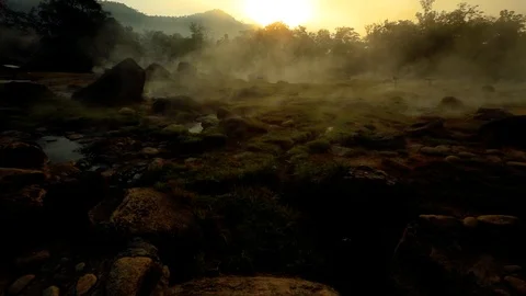 Hot spring in morning Stock Footage 97488984