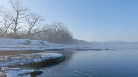 Hot spring steam drifting over frozen lake shore at dawn Stock Footage 245805235