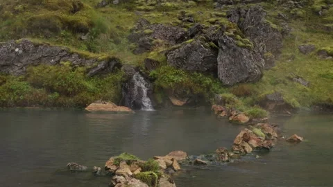 Hot Spring Waterfall into Thermal River Reykjadalur Iceland Stock Footage 319702861