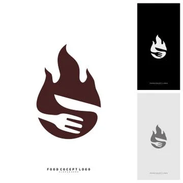Hot Steak Logo Vector with Flame, Fork, and knife shape. Food Fire Logo Templ Stock Illustration