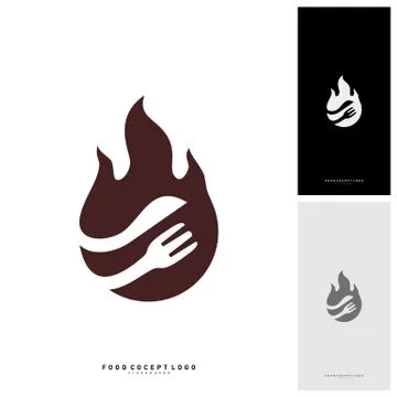 Hot Steak Logo Vector with Flame, Fork, and knife shape. Food Fire Logo Templ Stock Illustration