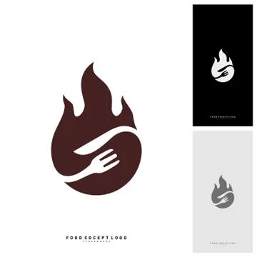 Hot Steak Logo Vector with Flame, Fork, and knife shape. Food Fire Logo Templ Stock Illustration