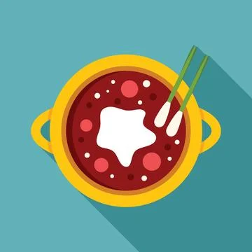 Hot steaming borscht served in yellow pot with sour cream and green onions Stock Illustration