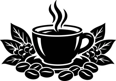 Hot steaming coffee cup with coffee beans and green leaves illustration Stock Illustration